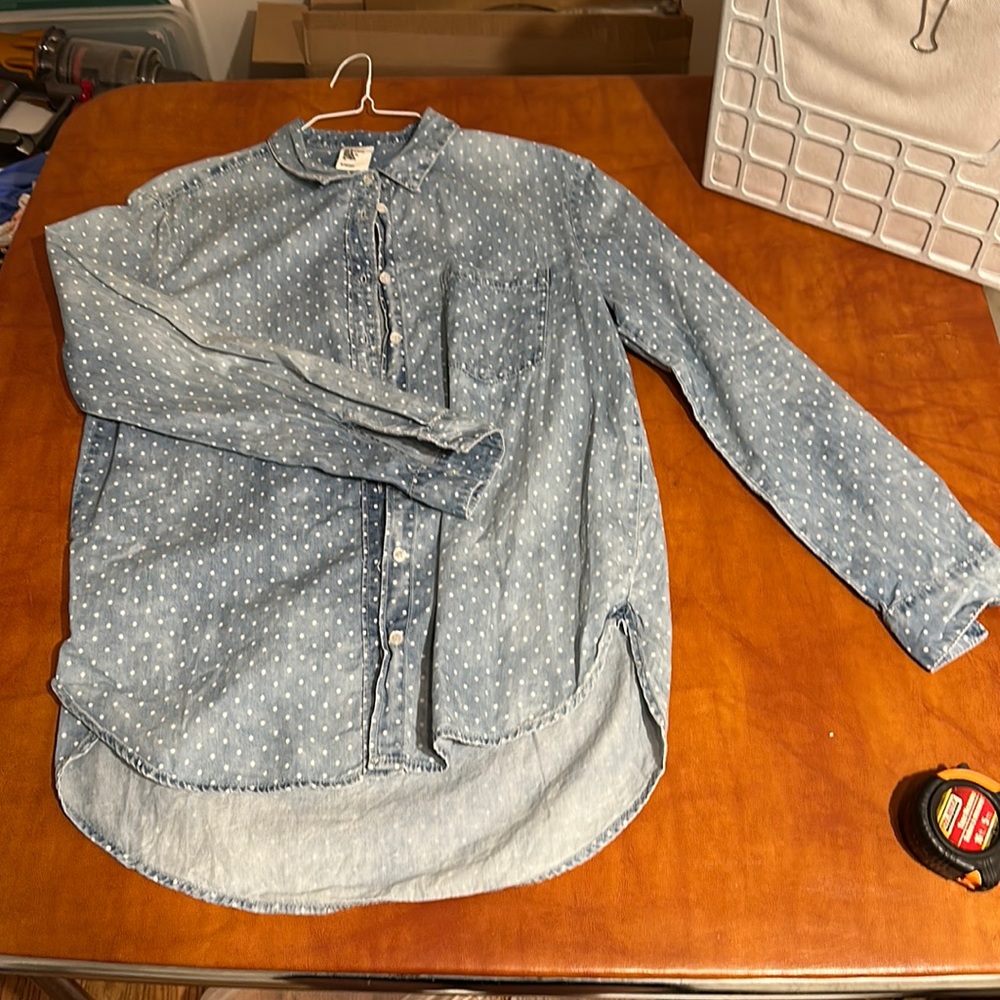 Denim chambray polka dot button down shirt w pocket